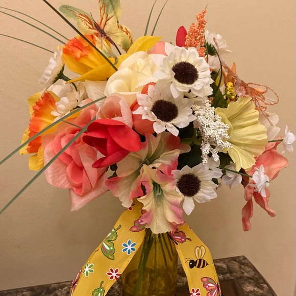 Spring Flower Arrangement. Yellow and Orange with cute Butterfly Accents - Picture 3 of 10
